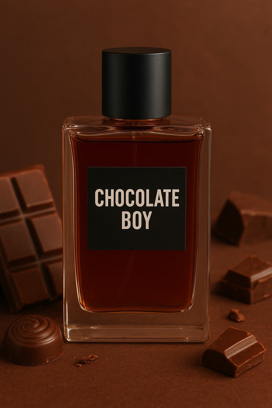Perfume bottle labeled 'Chocolate Boy' with chocolate pieces on a brown background